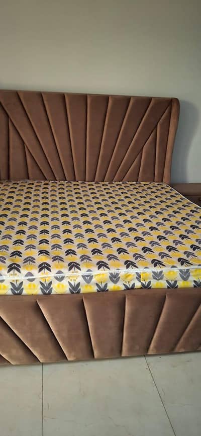 Velvet King Size Bed with Mattress and Side Tables