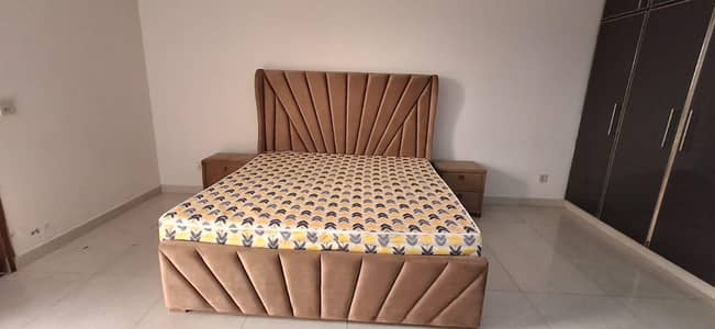 Velvet King Size Bed with Mattress and Side Tables