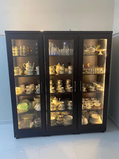 Elegant Wooden Display Cabinet with Glass Doors & LED Lighting