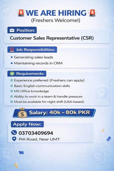 Call Center Job for Girls and Boys near UMT, PIA Road