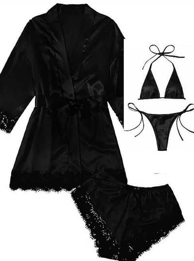 Pack of 4 – Women’s Fashion Printed Faux Silk Satin Pajama Set with La