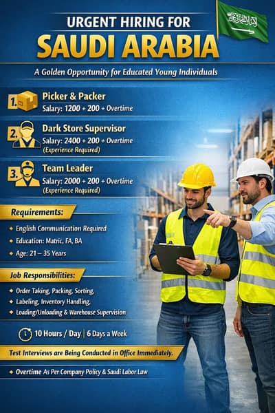 Picker & Packer, Supervisor Jobs ,Company Work Visa , Jobs in saudia