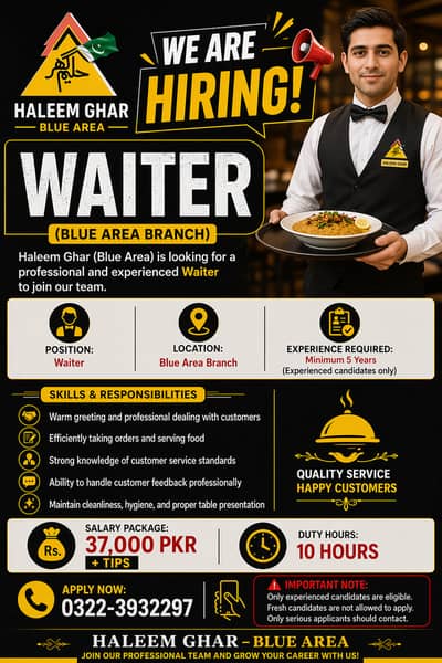 WE ARE HIRING – Restaurant  Waiter 5 year experience