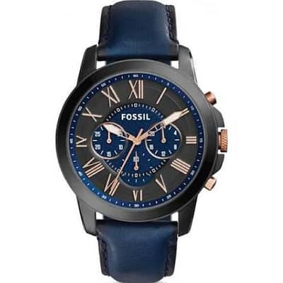 Fossil Grant Blue Leather Strap Black Dial