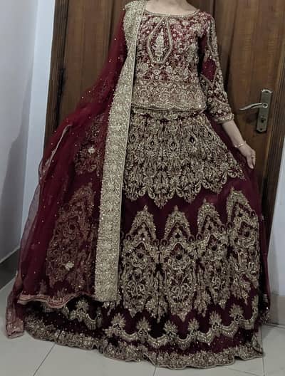 Brand New Custom Bridal Lehenga | Deep Maroon with Heavy Gold Work