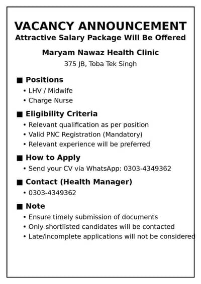 Required Nurse female LHV Midwife