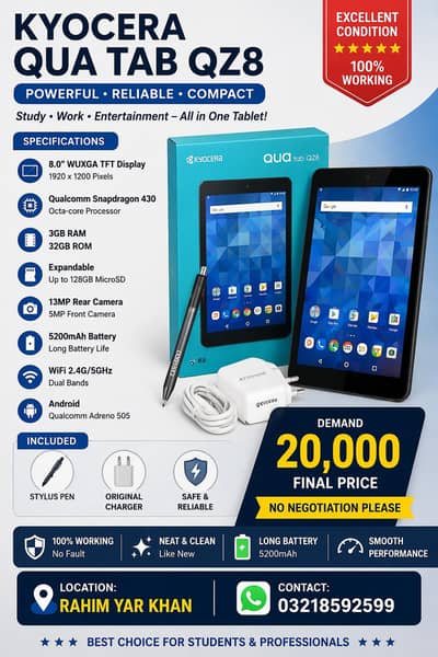 Kyocera Qua Tab QZ8 + Stylus Pen + Original Charger