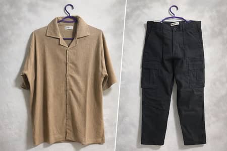 Stylish Mens Combo - Textured Beige Shirt + Black Cargo Trouser (New)