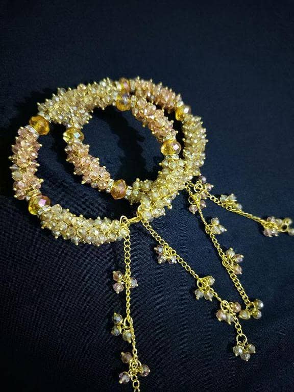 Gajra Breclete with 4 mm Crystal Beads Golden And Peach