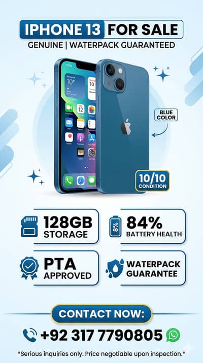 iPhone 13 - 128GB - Blue - PTA Approved - 10/10 Condition (Waterpack)