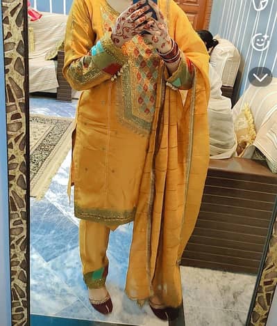 Viscose three piece embroidery dress mustard colour