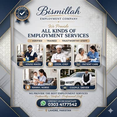 House maids, Maid, Baby Sitter, Chef, Home Cook, Patient Care, Driver