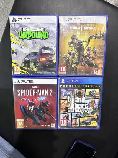 Spider-man2, NFS unbound, Mortal Kombat Ultimate, GTA V