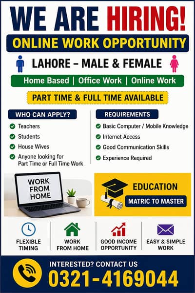 Home Based online Job (Male or Female) and part time or Full time .