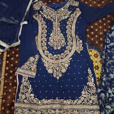 Navy Blue Chiffon Fancy Dress (3 Piece) – Heavy Embroidered