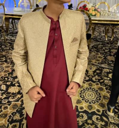 wedding wear red kurta with prince coat