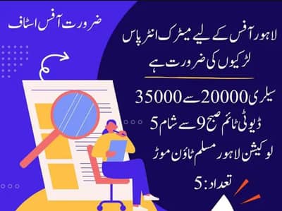 Lahore muslim town office me fimale staff ki need ha