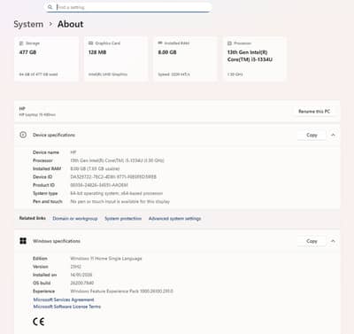 HP Processor	13th Gen Intel(R) Core(TM) i5-1334U (1.30 GHz) Installed