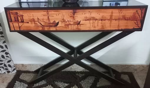 Xl pure wood console with glass top