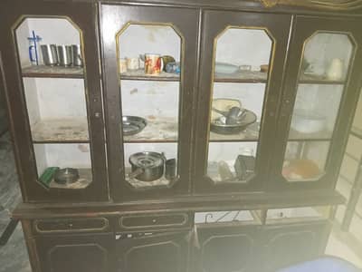 Showcase and wooden table