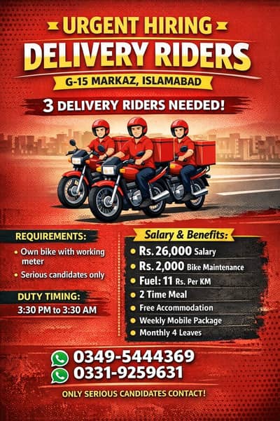 Delivery Riders Required for Fast Food (G-15 Markaz)