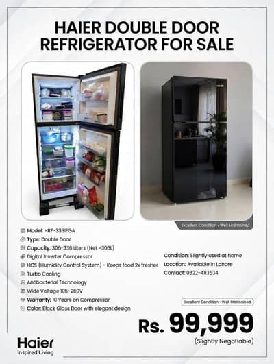 Excellent condition |Haier Black Glass Door Inverter Refrigerator 336L