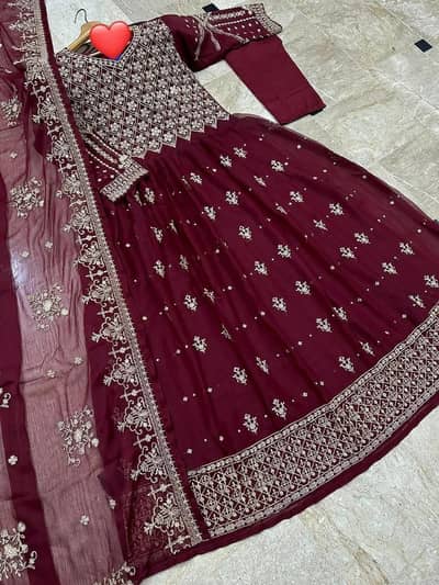 Maroon Chiffon Embroidered 3 Pcs Maxi Set For Eid Party Wear