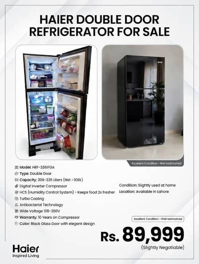 Excellent condition |Haier Black Glass Door Inverter Refrigerator 336L