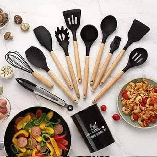 12 Pcs Silicone Cooking Utensils Kitchen Utensil Set - Heat Resistant Non-Toxic BPA Free Spatula Set with Turner Tongs,Spoon,Brush,Whisk-Wooden Handles Kitchen Gadgets Tools Set for Nonstick Cookware