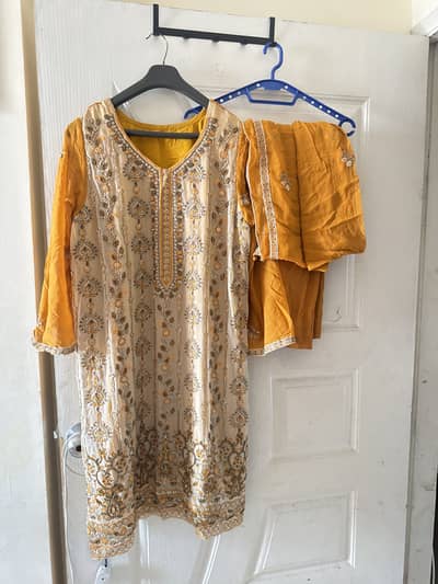 Elegant Amber Orange Embroidered 2-Piece Suit – Golden Thread Work