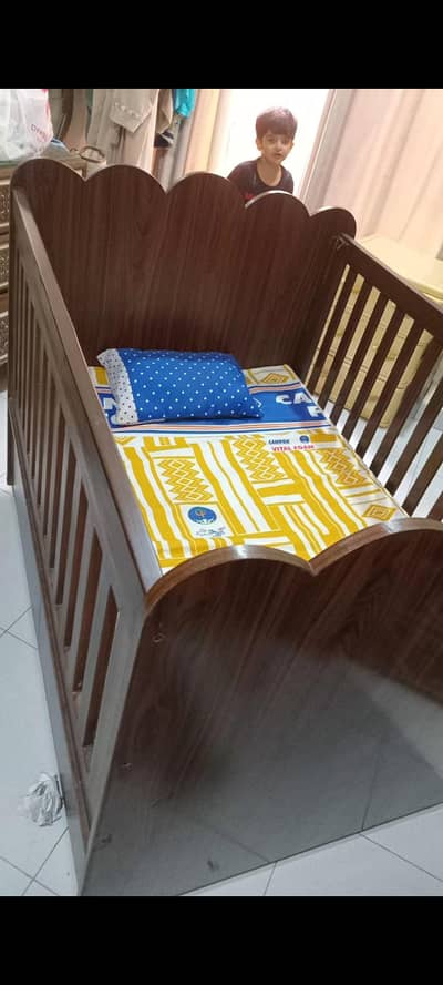 custom-made wooden baby cot in XL size . . with mattress