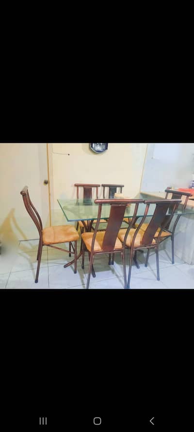 Solid Iron Dining Table Set 6 Seater, Thick Glass Table Top
