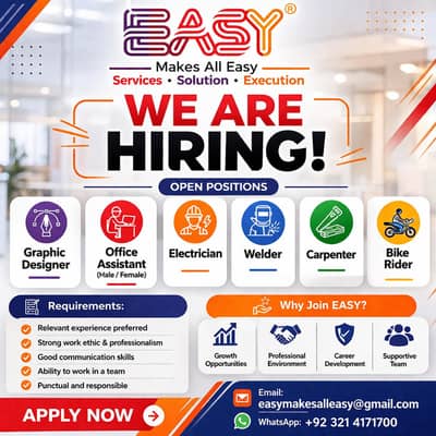 Office/Assistant/Graphics/Designer/Electrician/Welder/Bike/Rider/Jobs