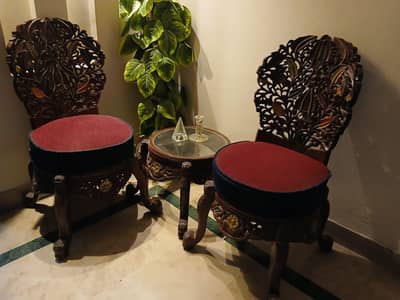 Chinioti Hand Carved Chair set with Glass Table/