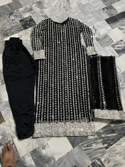 Designer Style Black Georgete Party Suit Heavy Sequin Work & Neck Dori