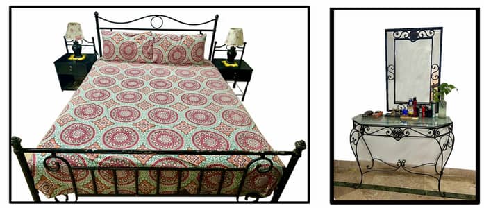 Double Bed + Spring Mattress + Matching Side Table+Cosole + Mirror