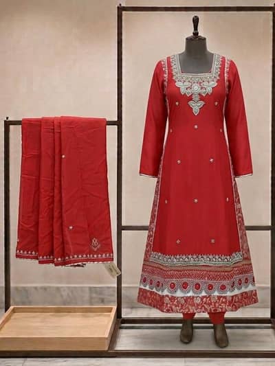 Stylish Red Formal Suit – Traditional Silver Work – 3 Piece