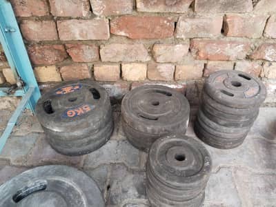 Gym workout Equipment,plates, dumbel,Banch