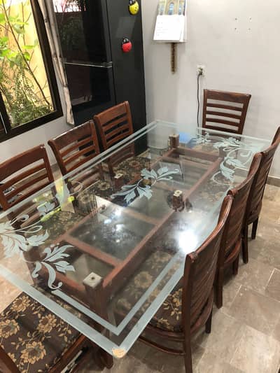 Solid Wood 8-Seater Dining Table with Frosted Glass Top