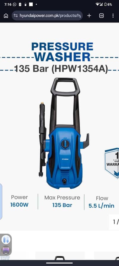 Hyundai pressure washer 135 bar 1600 w best for solar, cars once used