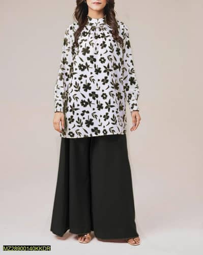 Women lawn floral kurta set black white