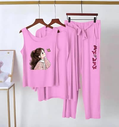 women printed jersey night suit 3 pink piece