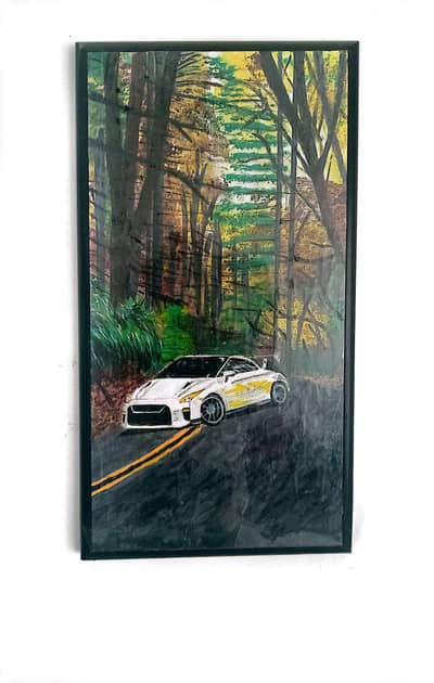 Car in the woods | Hand painting with wood frame