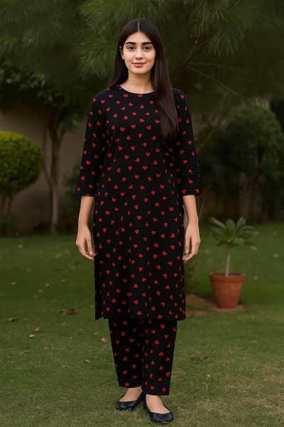 Black Red Heart Printed 2pc suit for Women