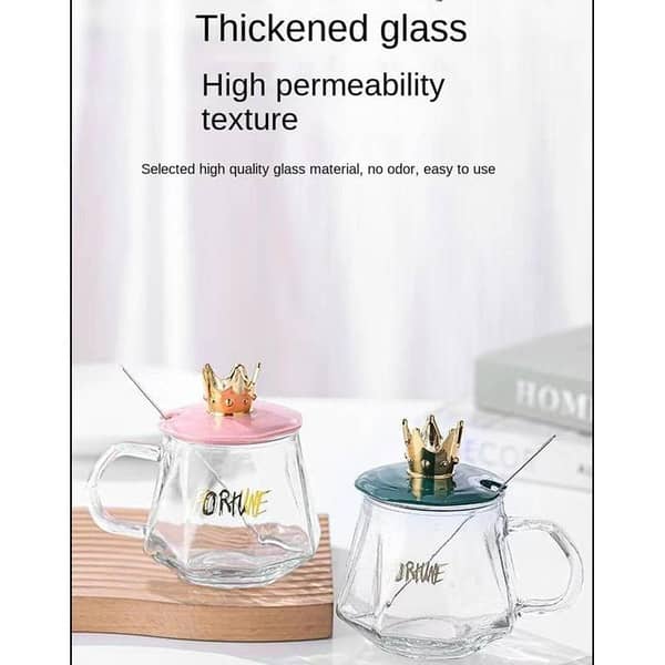 Premium 400ml Crown Glass Mug – Clear Coffee & Tea Cup with Crown Cover and Stainless Steel Spoon (Two packages)