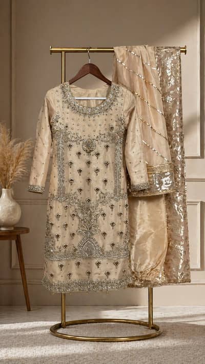 Embroidered Dress with Ghagra & Trouser