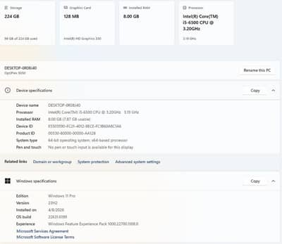 CPU Core i5 6th Generation with SSD 250 GB and RAM 8gb