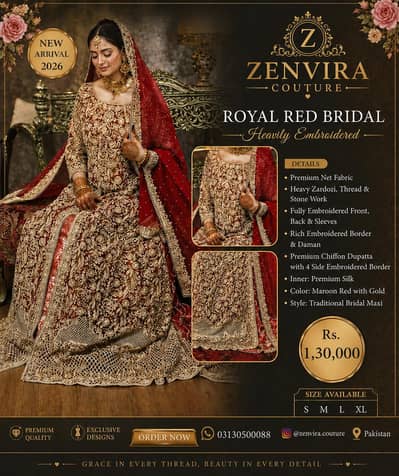 Zenvira Couture Royal Red Bridal Maxi – Heavy Zardozi Wedding Dress