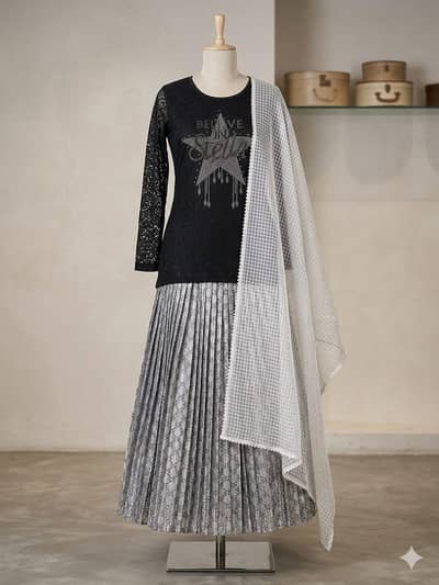 Stylish Party Wear Outfit - Black Top & Silver Skirt (2 Times Worn