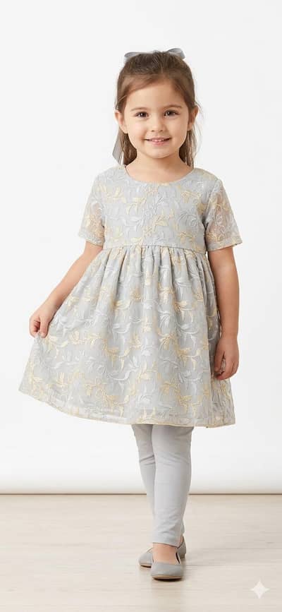 Elegant Girls' Floral Jacquard Party Dress - Soft Grey & Gold